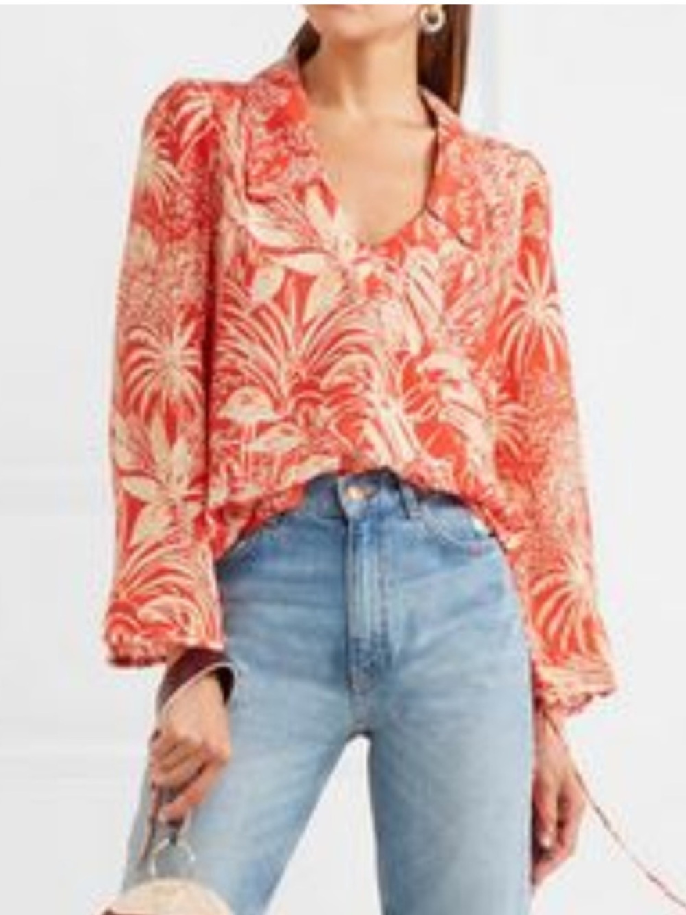 RIXO London Sofia Red Silk Blouse Large Collared Long Sleeve Office V-Neckline